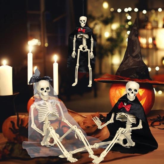 Halloween Skeleton Bride Groom Statue 15 Inch Plastic Posable Skeleton Wedding Couple Hanging Ornament with Veils Robe for Haunted House Decor