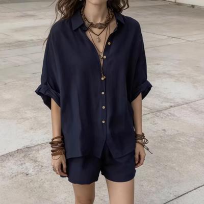 2026 Summer Women's Solid Color Loose Button-Down Shirt and Shorts Set