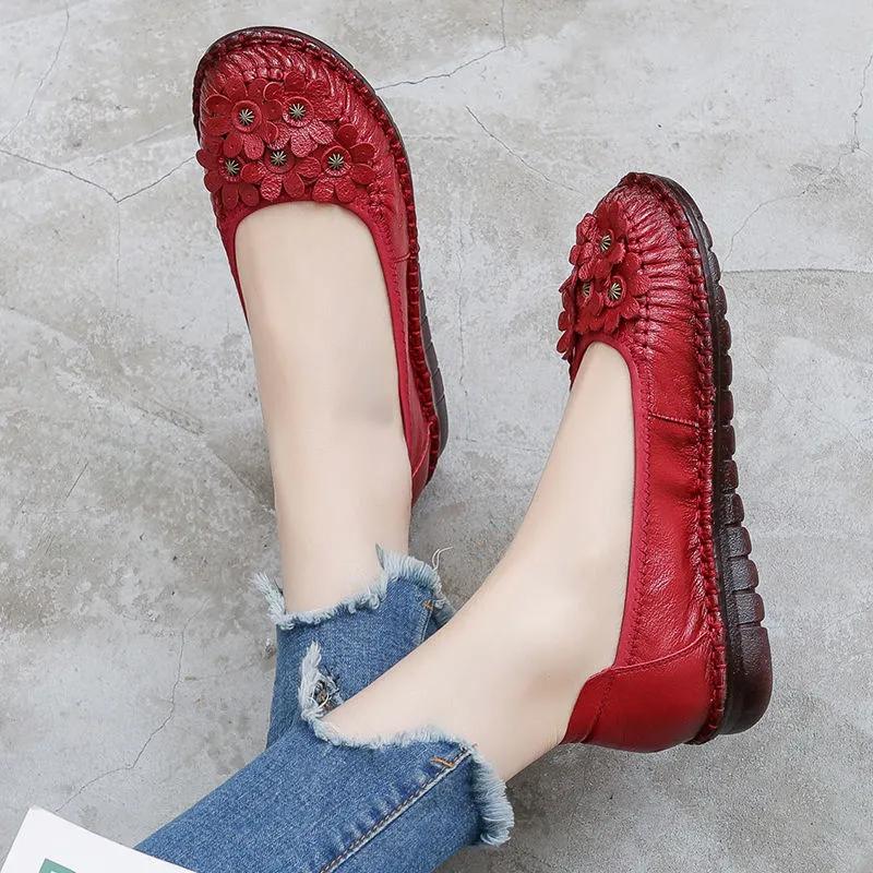 Fashion GKTINOO Women Loafers Genuine Leather Flat Heels Flower Round Toe Soft Solid Shoes Platform Ladies Shoes Zapatos De Mujer