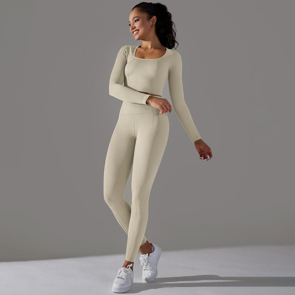Seamless Knitted Long Sleeved Sports And Fitness Pants, Quick Drying Jacquard Breathable Hip Lifting Running Yoga Suit Set