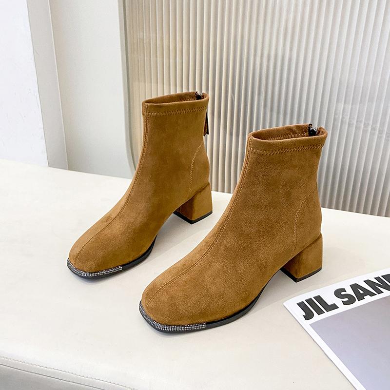 Autumn Winter Rhinestone Square Toe Stretch Slim Women Ankle Boots Street Style Banquet Party High Heel Short Botas Mujer