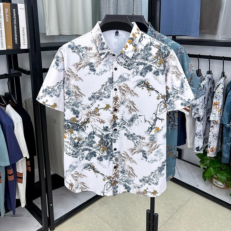 Chinese Style Ink Plum Blossom Short Sleeved Shirt For Men Retro Breathable Shirt