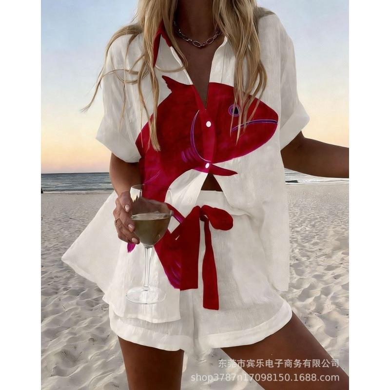 Conjunto de pantalones cortos de playa y camisa de manga corta para mujer, multicolor, vida marina, ocio, vacaciones, conjunto de dos piezas