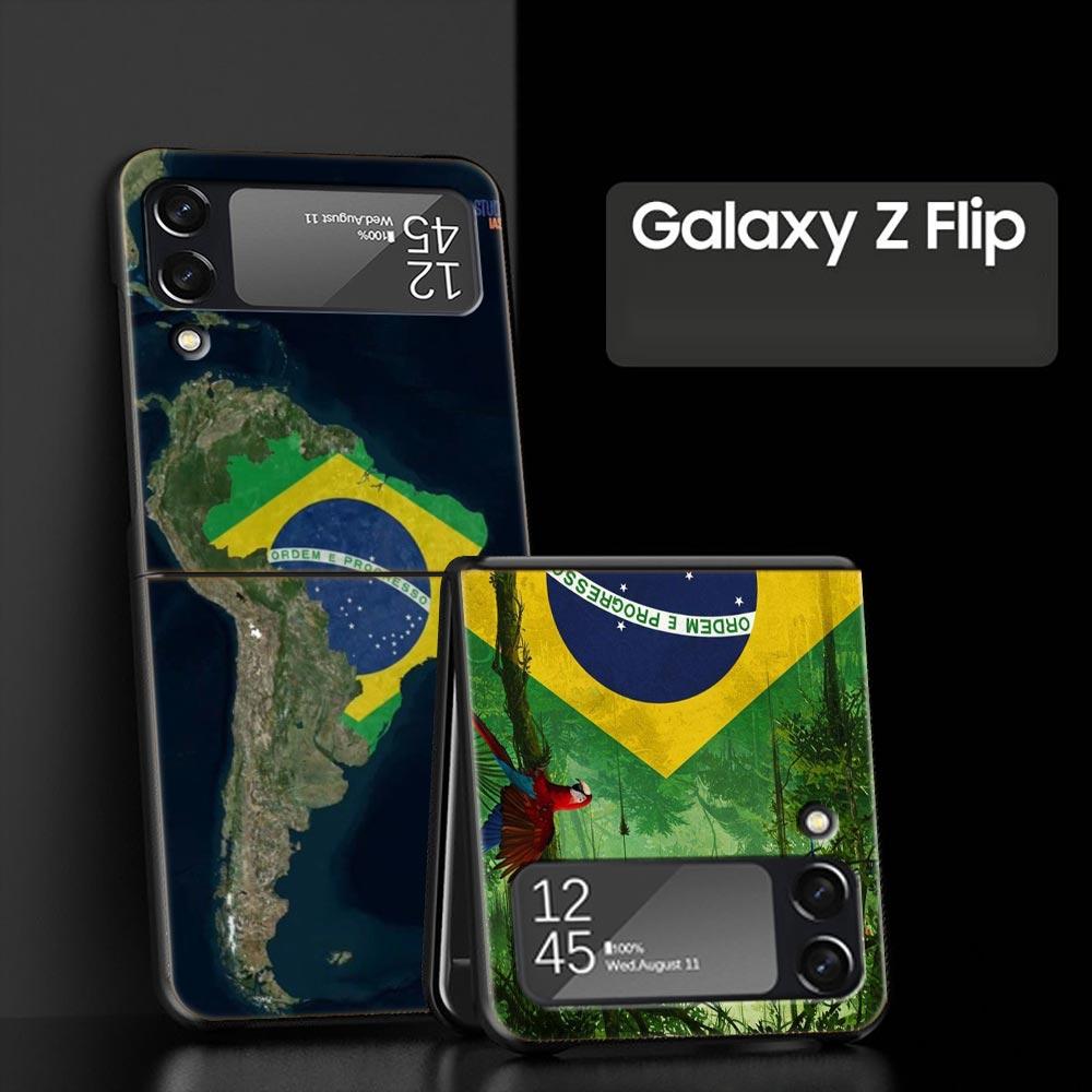Phone Case for Samsung Galaxy Z Flip 3 4 5 6 7 Folding Black Shell For Samsung Z Flip4 Flip5 PC Hard Cover Large Brazil Flag