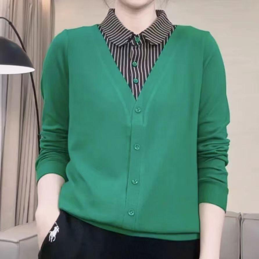 

Женский повседневный вязаный топ с длинным рукавом, создающий эффект костюма-двойки, весна 2025 3XL зелёный