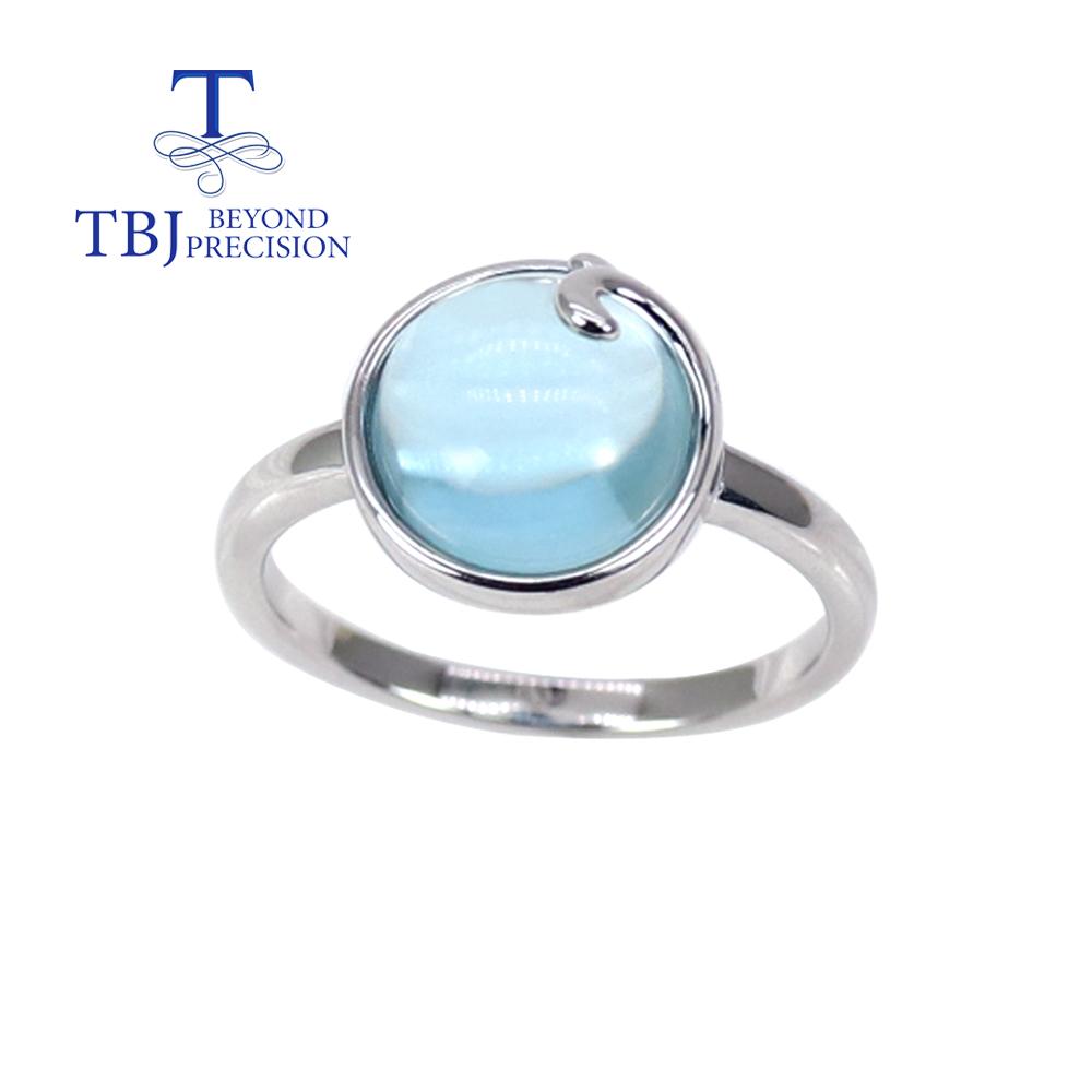 Bolaijewelry Jednoduché přírodní nebe Topaz Kulatý drahokam 10,0 mm Dámský prsten Náušnice Sada šperků 925 stříbro módní jemné šperky pro denní nošení