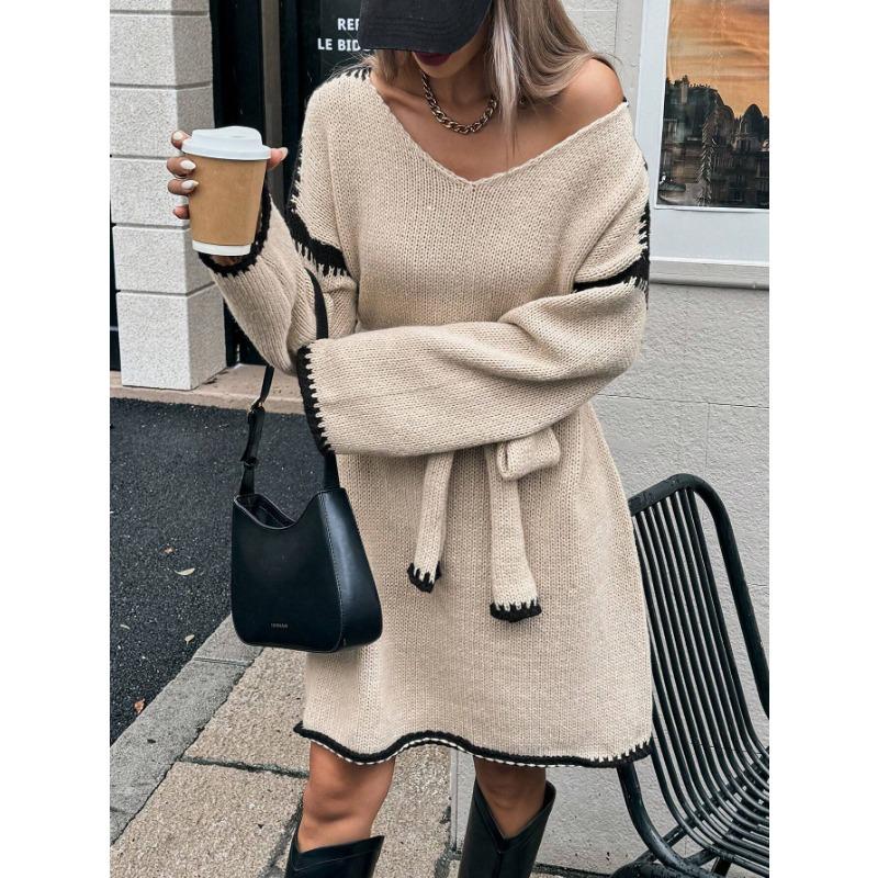Women Lazy Style Lace Up Waist Loose V Neck Long Sleeve Midi Knit Dress