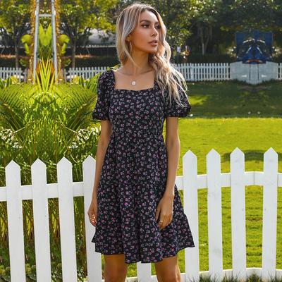 Sommer Herbst Blumendruck Kurzes Kleid A-Linie Damen Lässig Quadratischer Kragen Kurzarm Hohe Taille Schlank Essbarer Baumpilz Raffung S-XL
