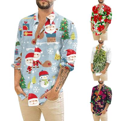Men's Christmas Shirts Long Sleeve Floral Printed Button Up Tops Funny Cute  Graphic Dress Shirt