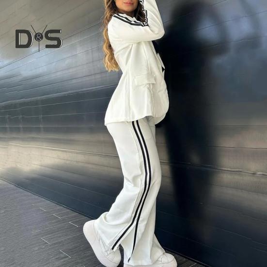 2 Pcs/Set Lady Formal Coat Pants Set Turn-down Collar Long Sleeves Jacket Loose Striped Wide Leg Trousers Casual Daily Wear Commuting Outfit