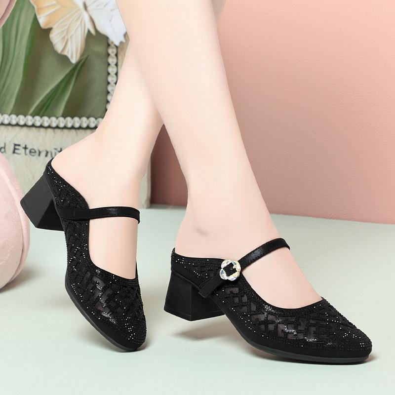 4.5cm Breathable Comfortabel Round Head Mesh Mules Women's Shallow Slippers 2025 Summer Med Block Heels Slides for Office Mom