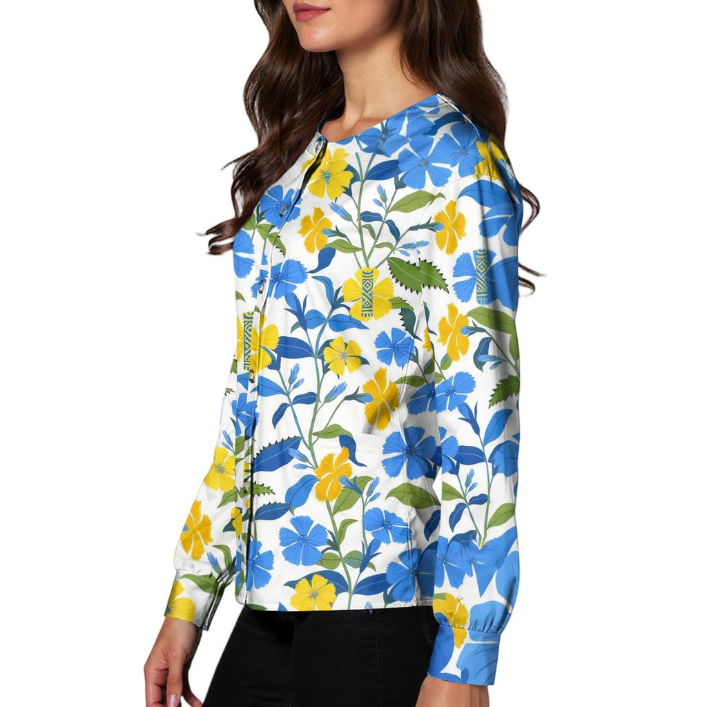 Women's Casual Long Sleeve Single Breasted Hawaiian Print Caregiver Jacket Cardigan Top Lightweight Button Up Shirt for Work