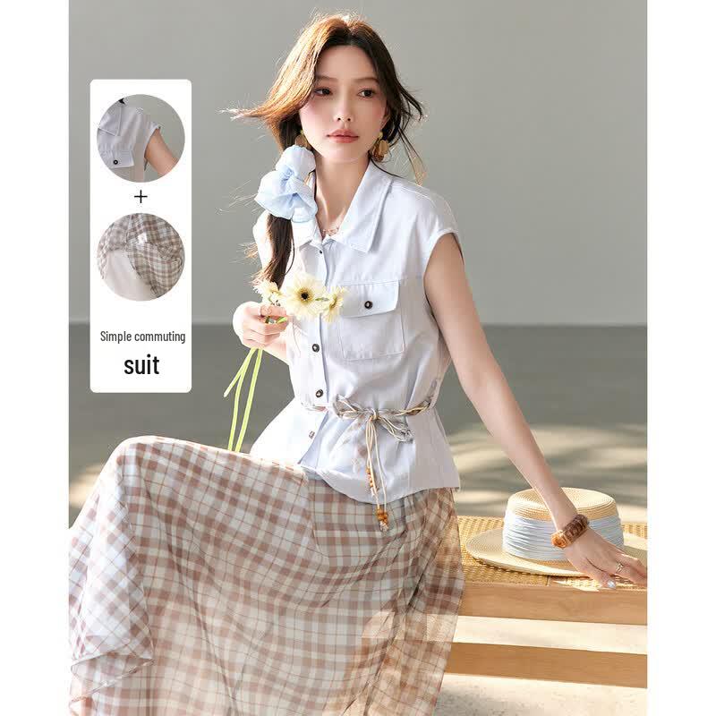 TERRE BLEUE Women s Short-Sleeve Shirt & Plaid Skirt Set XL