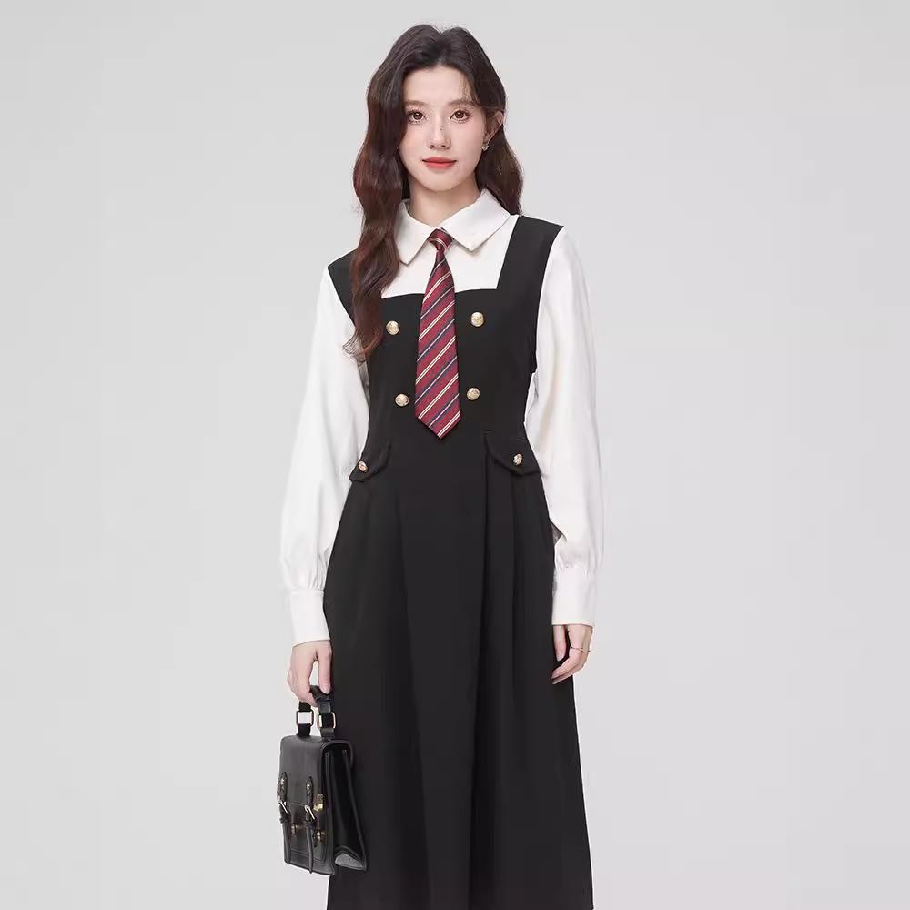 Autumn and winter leave two-piece splicing waist long-sleeved dress teaching interview skirt