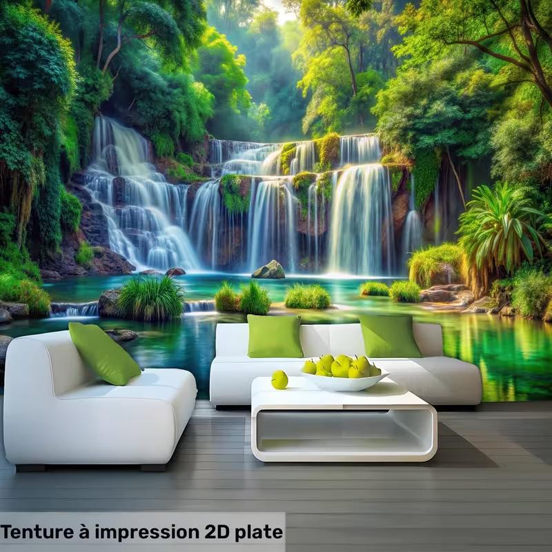 Tropical Forest Waterfall Tapestry Wall Art, Natural Green Scenery Hanging Cloth for Home & Dorm Decoration