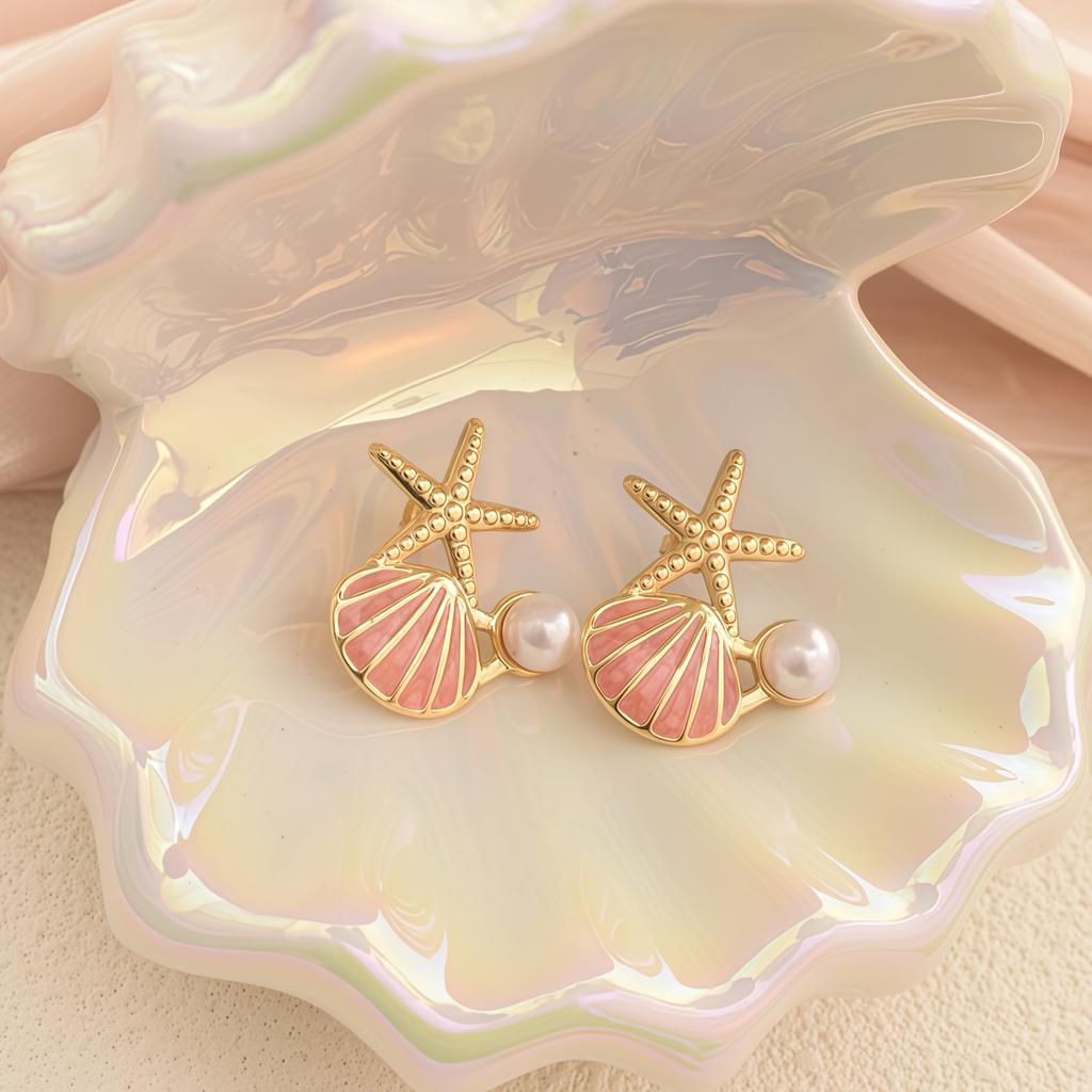 Marine-Themed Stainless Steel Sea, Shell & Earrings - Elegant Nautical Suitable for Daily Wear, Parties, Year-Round Versatile - Shell & Earrings