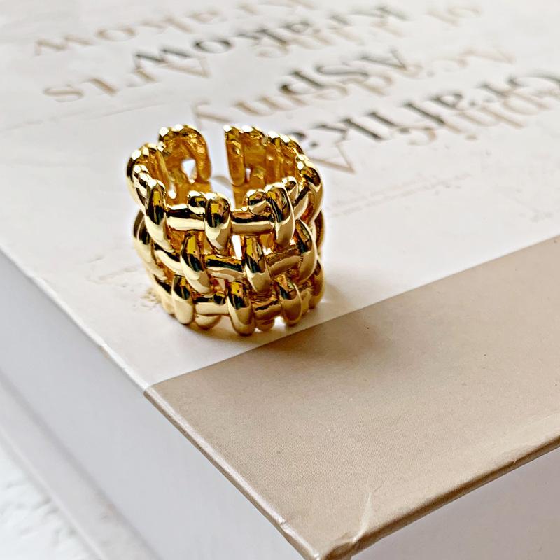18K Gold Plated Woven Chain Ring, Stainless Steel Wide Band Statement Ring, Fashion Jewelry for Women