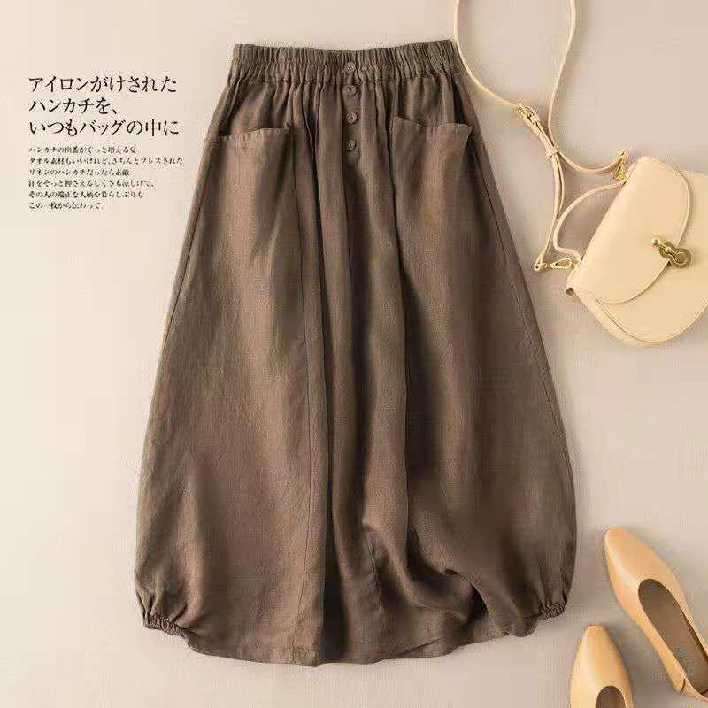Plus Size Women's Retro High Waist A-Line Midi Skirt - Imitation Linen, Summer Slimming Style