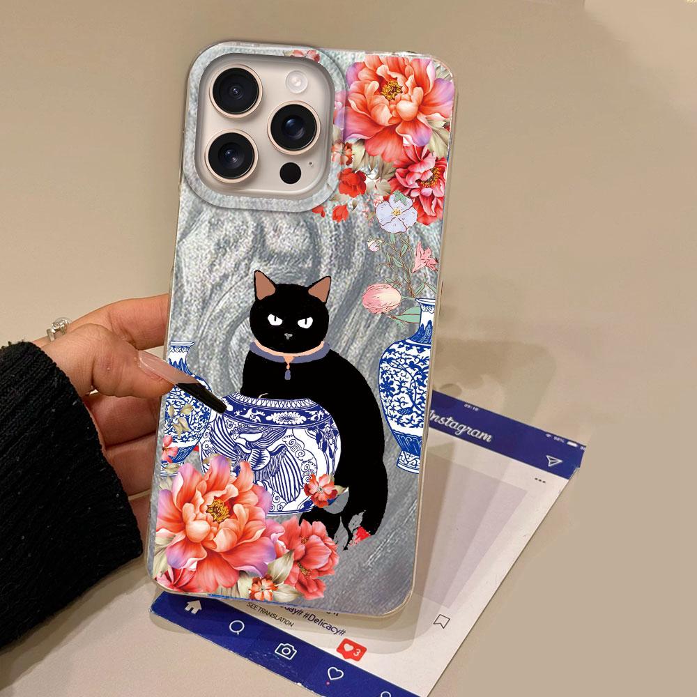 Luxury Black Cat Flower Phone Cases Phone Case for Iphone 16 14 15 Plus 13 Pro Max 7 16e Cute Girls Shell Silicone Back Cover