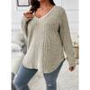 Top informal de punto acanalado vertical de manga larga con cuello en V para mujer, holgado, talla grande