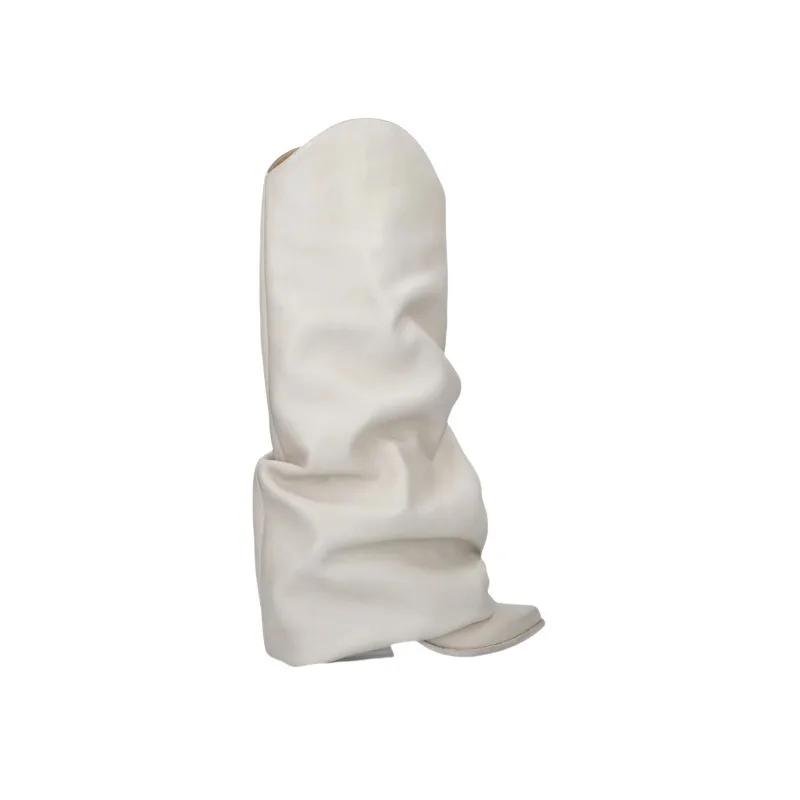 Fashion New Pointed Toe Sloping Pleated Lazy Knee High Boots Women's European American Fashion Black Beige Skirt and Boots Size 35-43