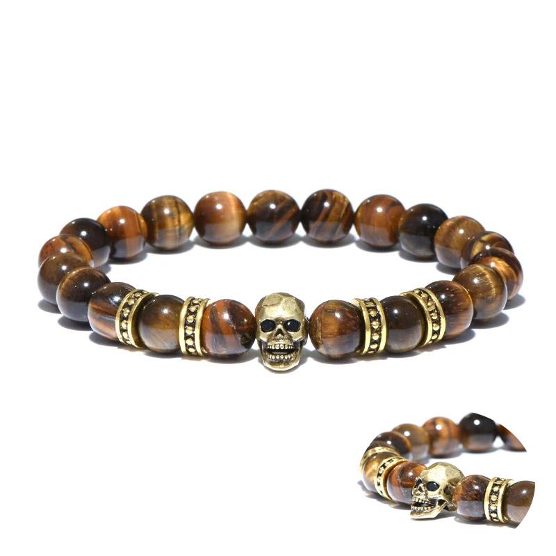 Gothic Skull Bracelet For Men 8mm Smooth Tiger Eyes Stone Strand Braslet Accessories Hombre Gifts For Him Vintage Jewelry Joias