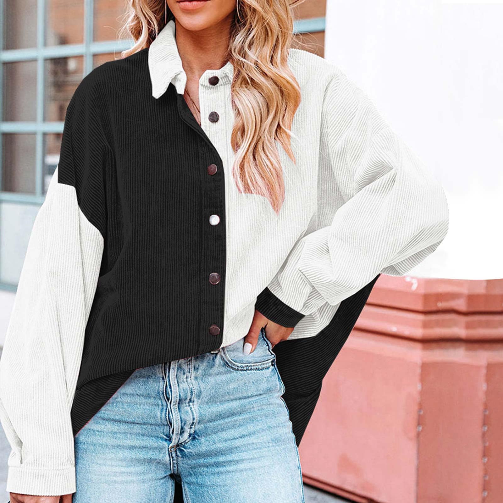 

Women s Color Blocked Button Down Corduroy Shirt Long Sleeved Corduroy Jacket XL