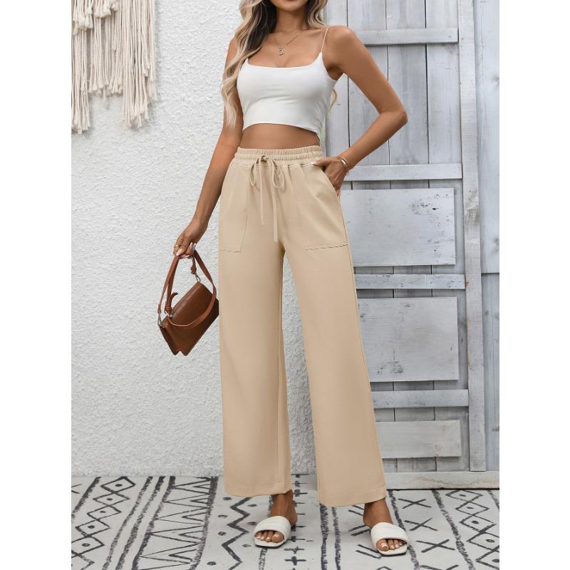 Summer New Women's Casual Drawstring Flowing Trousers Wide Leg Pants with Pockets