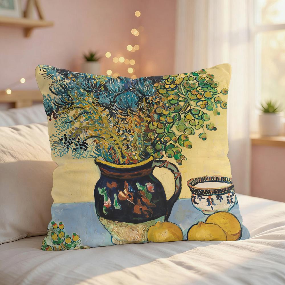 Vincent Van Gogh Oil Art Cushion Cover Silky Short Plush Invisible Zipper Dustproof Sofa Pillow Case For Home Decor