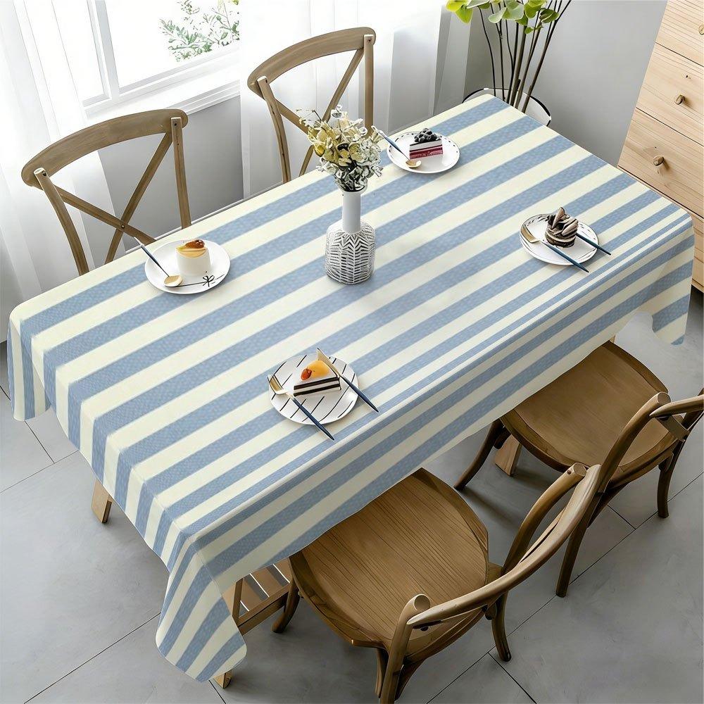 Blue and white striped simple and elegant floral pattern tablecloth. Rectangular tablecloth.