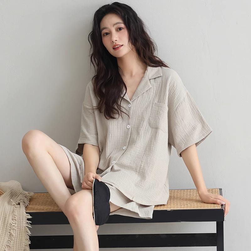 Women s Red Double-Layer Cotton Gauze Pajama Set with Built-in Bra Size L