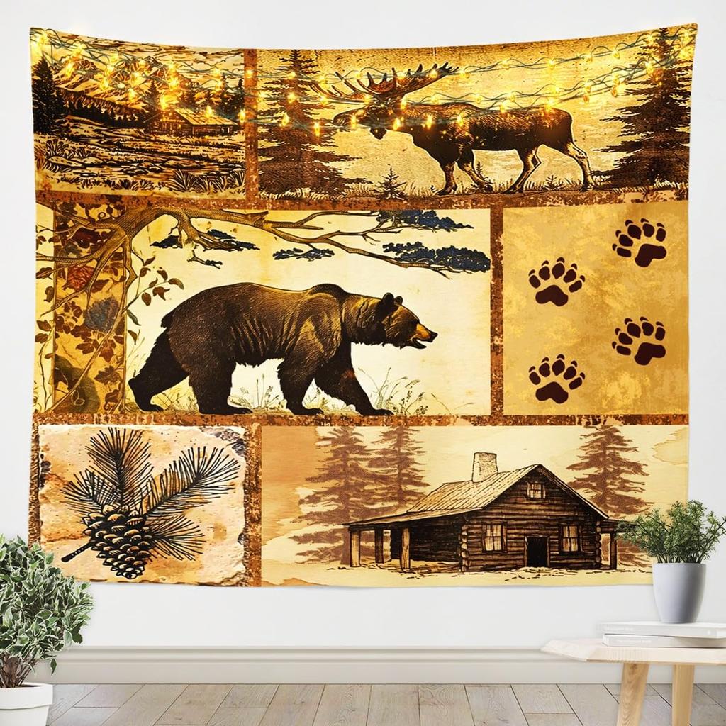 Wolf Print Tapestry Wall Hanging Wildlife Hunting Theme Tapestry for Kids Boys Girls Western Farmhouse Wall Tapestry Rustic