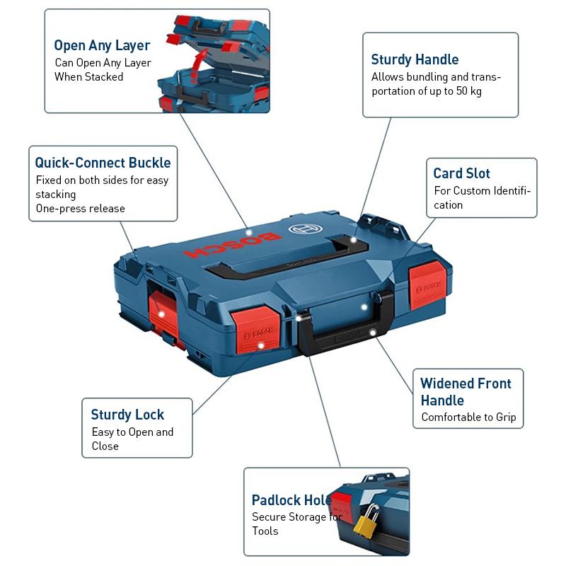 Bosch L-BOXX Series Stackable Toolbox Dual-handle Design for Easier Carrying Padlock Hole Design for Security and Theft Prevention