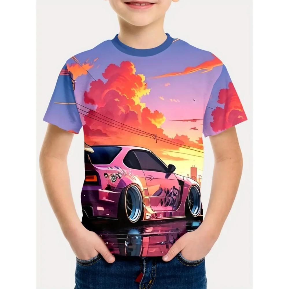 Boys' T-shirts with racing prints, fashionable children's T-shirts, short sleeved children's T-shirts, casual baby clothing for boys