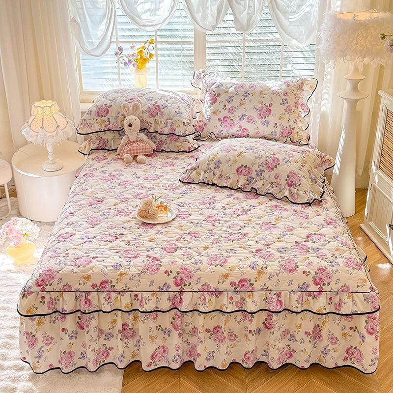 Countryside Style Cotton Bed Skirt Washed Cotton Quilted Bed Runner Full Package Mattress Protect Cover for Bedroom Decora  Dust-proof Bed Sheets