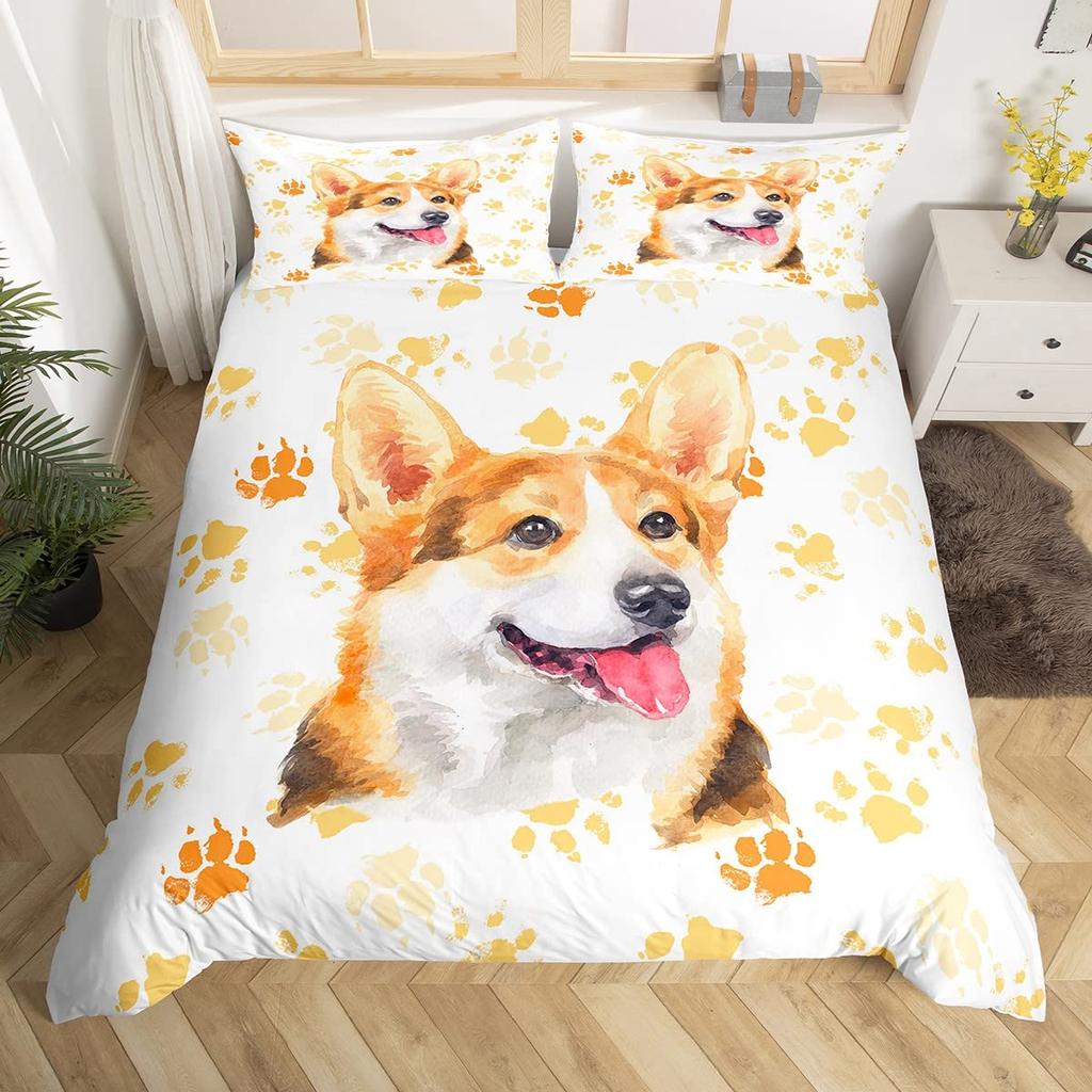 Pug Corgi Shiba Puppy Duvet Cover Set Dog Comforter Cover I Love Dogs Bedding Sets Kawaii Animals Cartoon Bedspreads Full Size
