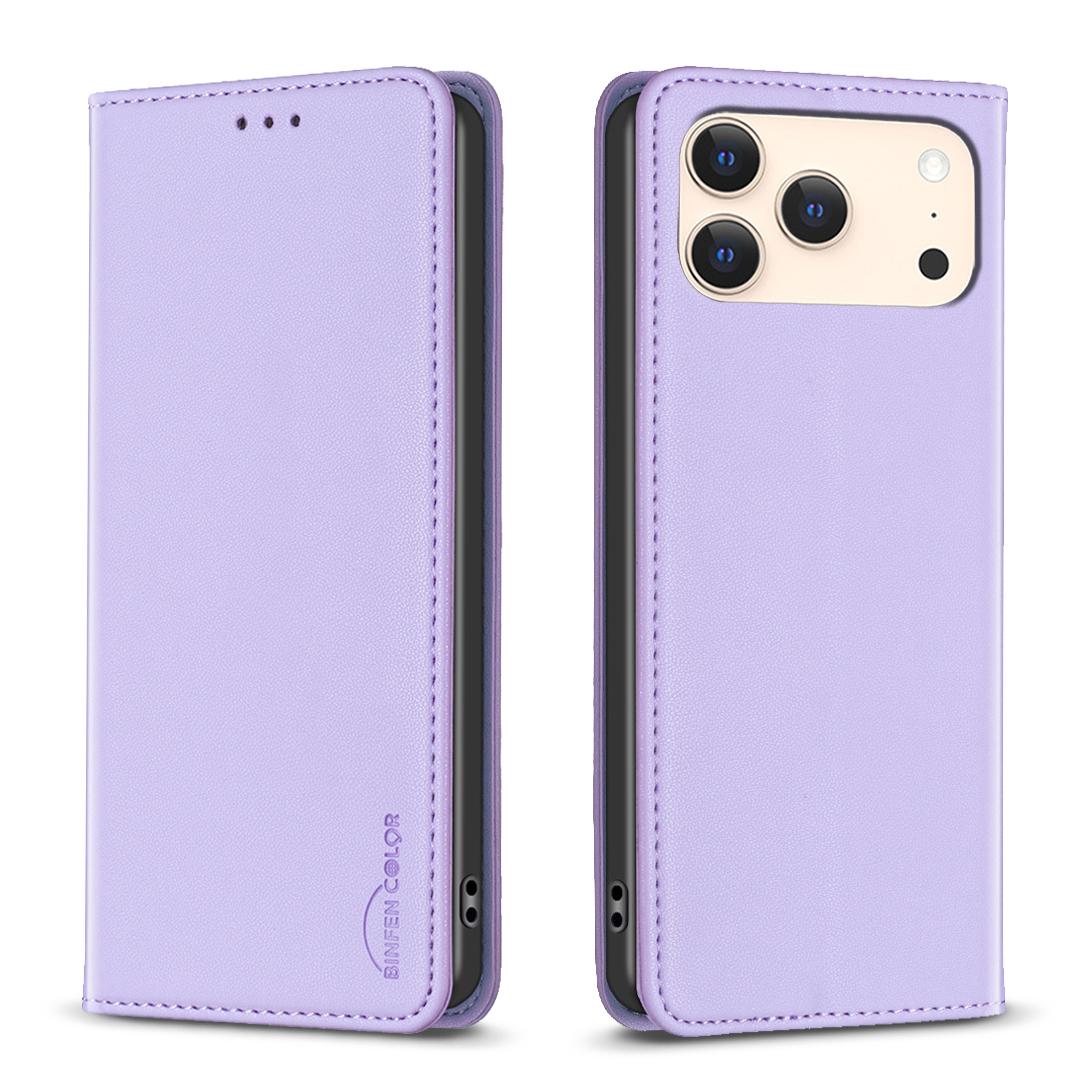 

For iPhone 17 Pro Max Leather Case BINFEN COLOR BF18 Phone Stand Cover with Card Slots Purple