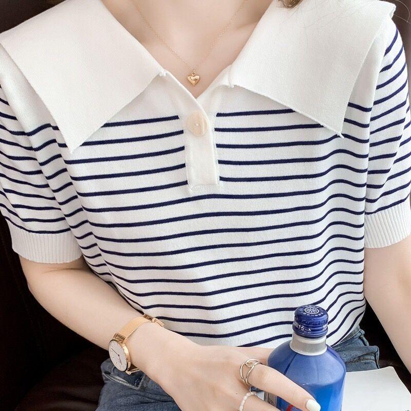Women's Chic Striped Ice Silk Short-Sleeve T-Shirt with Navy Collar - Youthful Spring/Summer 2024 Collection