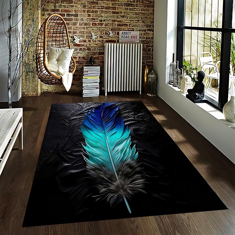 Gradient Blue Feather Pattern Carpet with Black Background Style. Suitable for use as an anti-slip for living room bedroom sofas