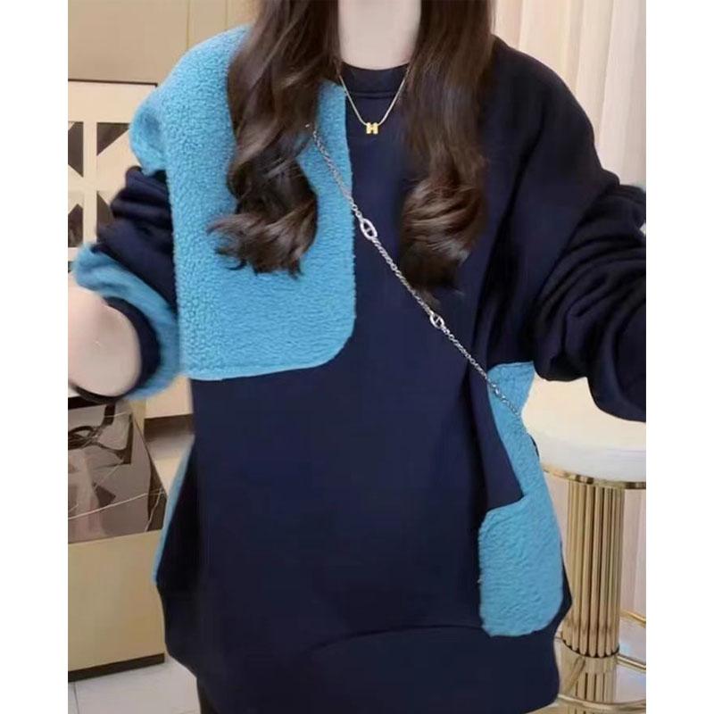 New Winter Fashion Trend Round Neck Panel Contrast Color Plush Thickened Loose Versatile Reduced Age Women's Long Sleeve Sweater