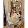 Oatmeal autumn v-neck collarbone-exposed right-shoulder long-sleeved sweater for women, fashionable age-reducing inner wear and stylish bottoming top