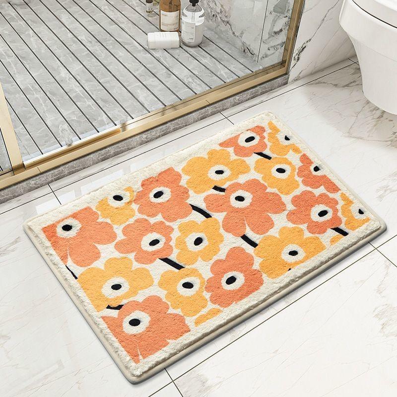 Mat Floor Plush With Cartoon Flower Print Design For Bedroom And Bathroom Use