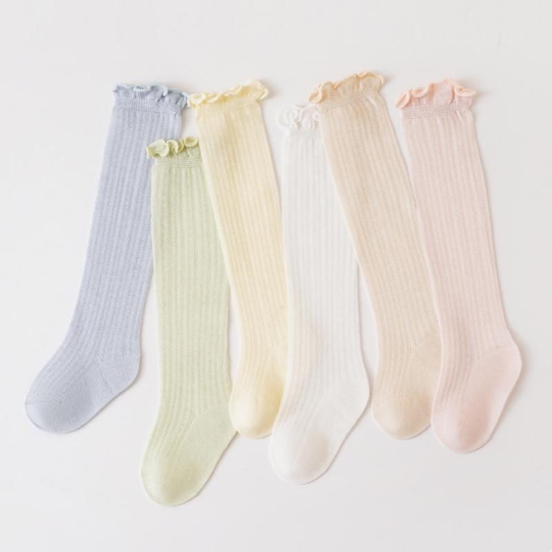 Baby Girls Socks Summer Breathable Mesh Ruffle Trim Long Baby Socks Solid Color Anti-Mosquito Socks for Toddler Infants