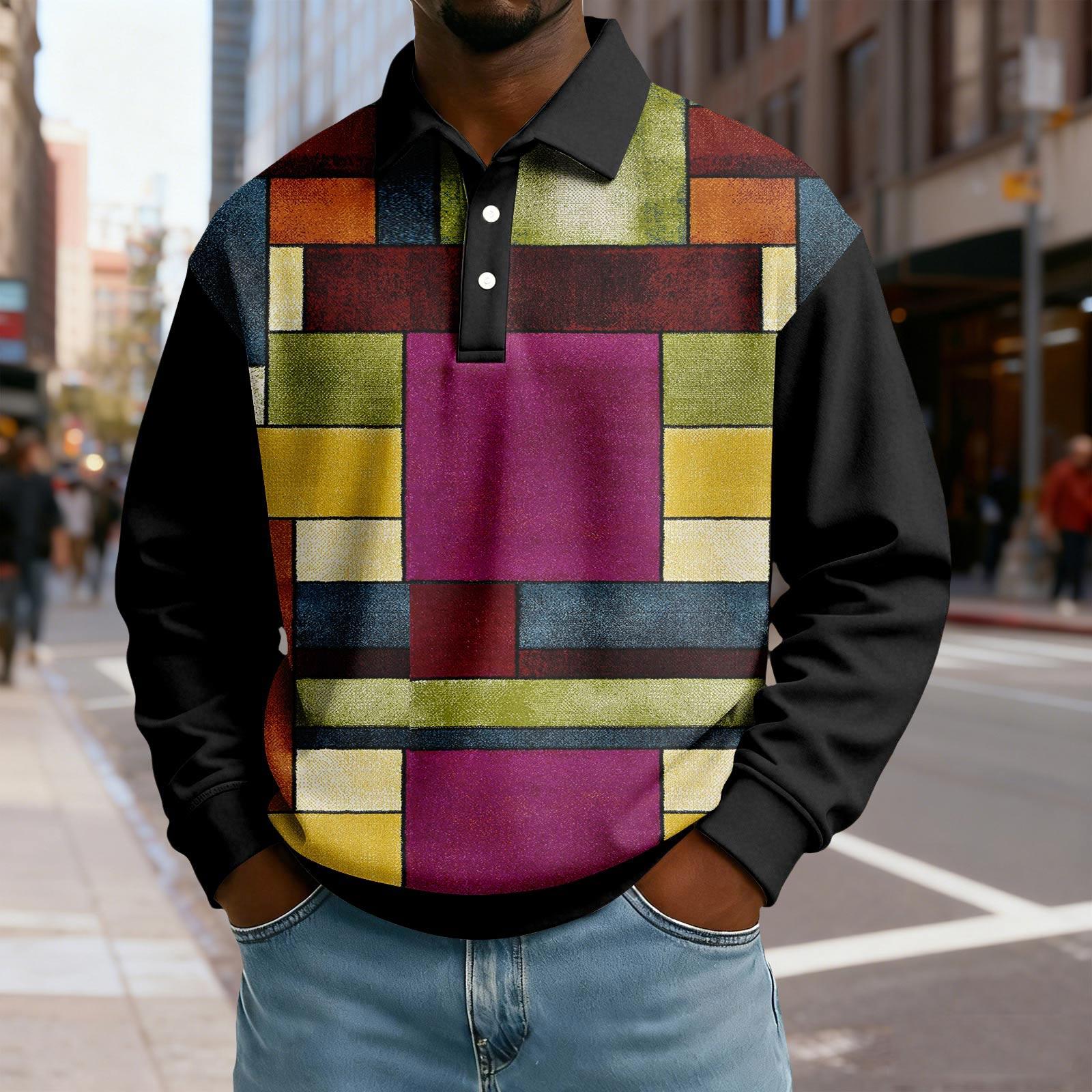 

Мужской повседневный свободный топ с цветным блочным принтом, лацканами и длинными рукавами на пуговицах XL фиолетовый