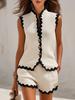Women Knitted Two Piece Set Sleeveless Wave Edge Button Up Vest High Waist Shorts Summer Casual Suit