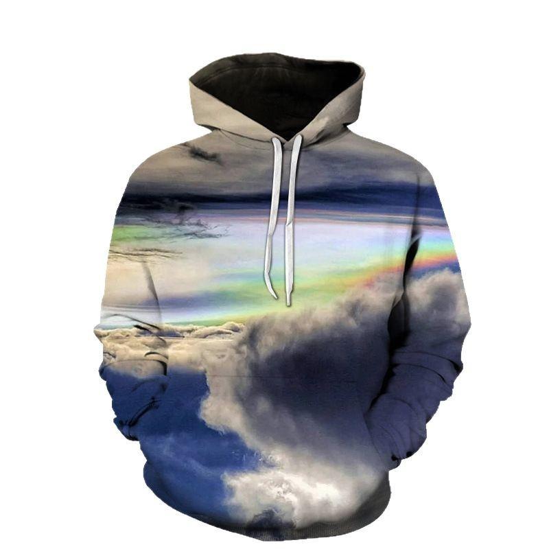 Mens Long Sleeve Hooded Sweatshirt With 3D Cloud Print Loose Fit Casual Pullover Fall