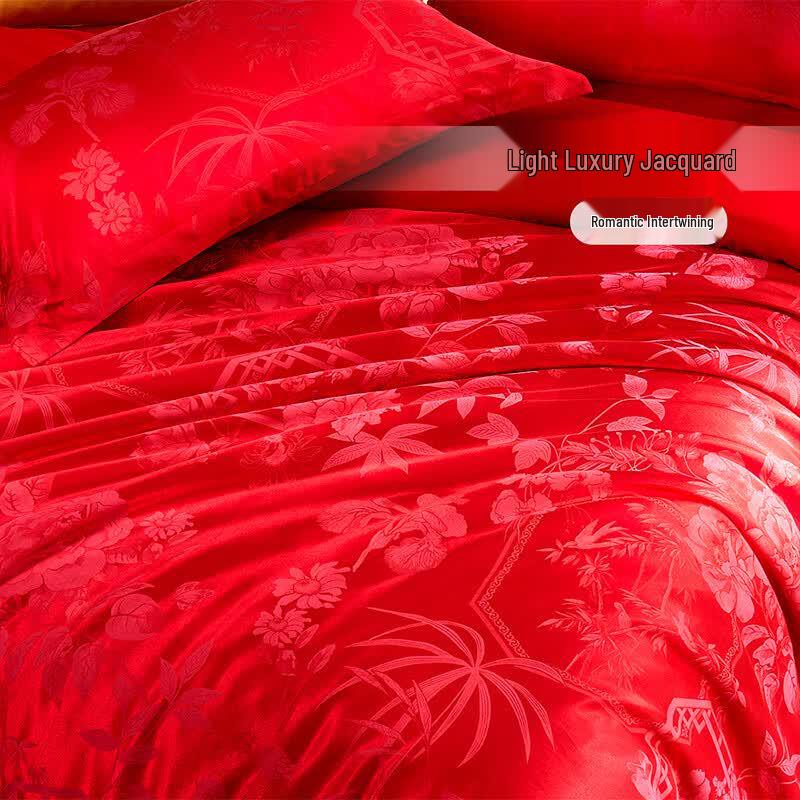 Fuanna Chinese Wedding Peony Jacquard 4-Piece Bedding Set