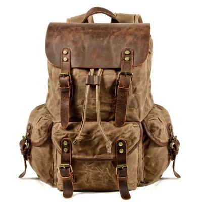 Herren-Rucksack aus gewachstem Canvas mit Laptopfach, rustikaler Rucksack aus Wachsleder für Männer, Reise-Vintage-Büchertasche