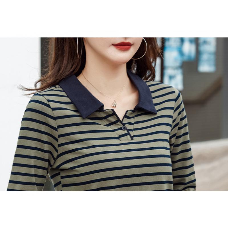 New Striped Polo Shirt Plus Size Women's Autumn Long Sleeve Base Korean Style Casual Ladies T-Shirt Age-Reducing Top Turn-Down Collar