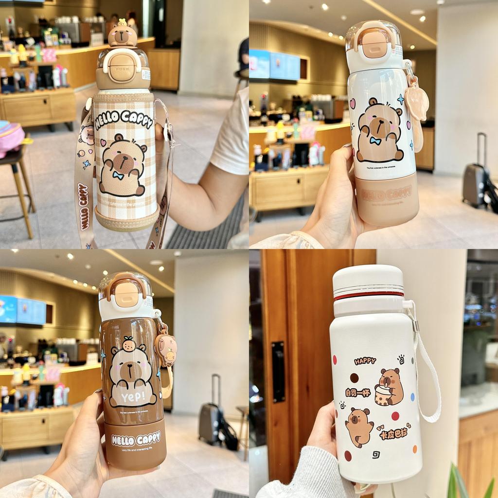 Capybara Childrens Insulated Water Bottle With Double Straw Lock For School Kids